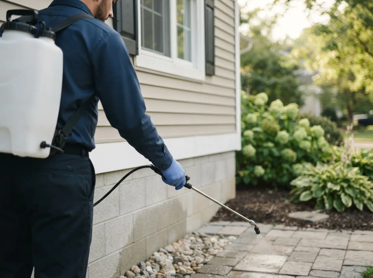 Pest control technician inspecting a home in Woodlawn, TX